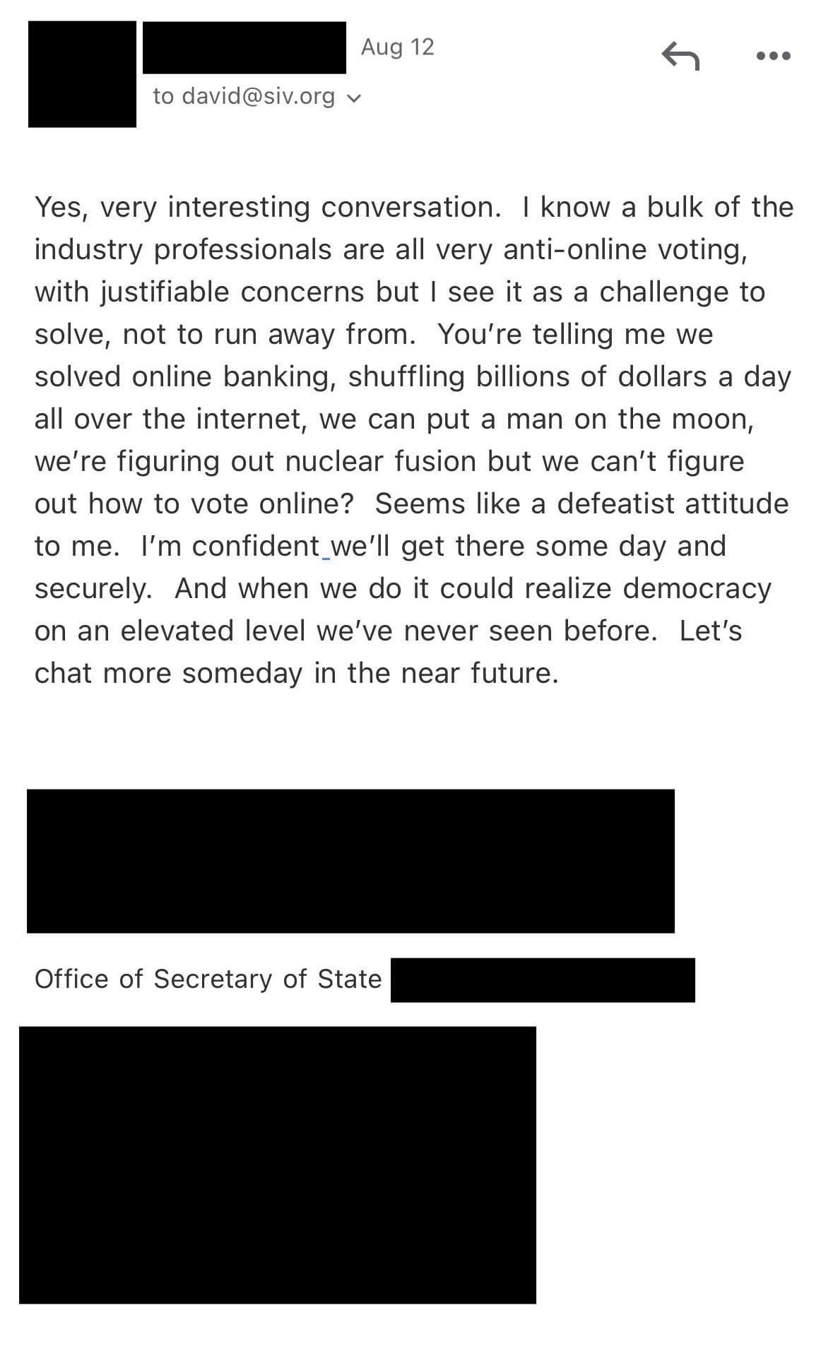 Email from Secretary of State official