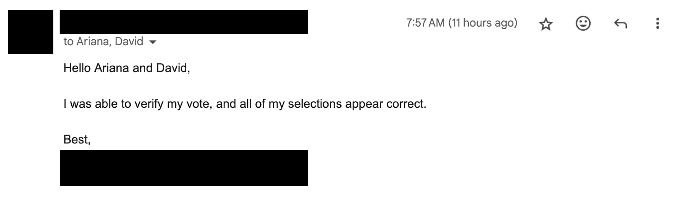 Email confirming voter verified their vote